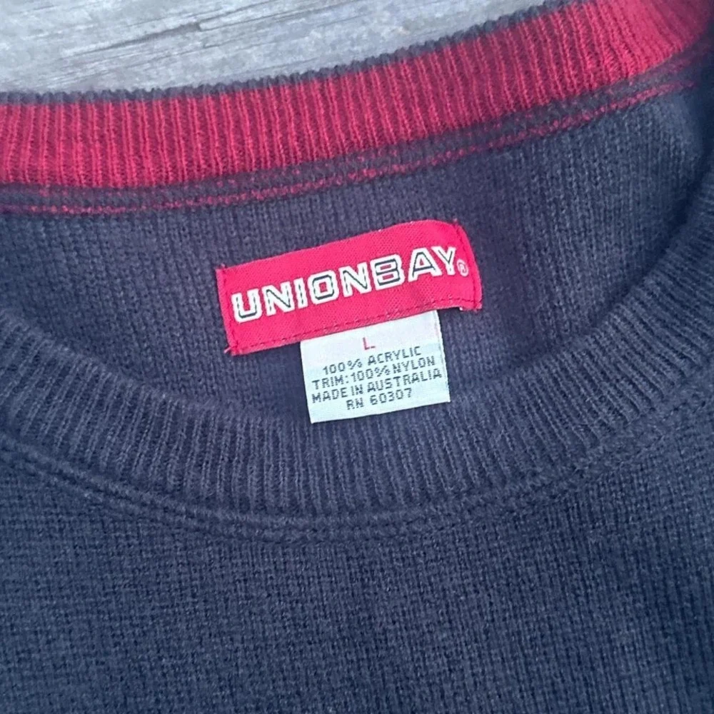 Unionbay Mens Navy Blue Crewneck Sweater Ribbed Shoulder Elbow Moto Detail Large